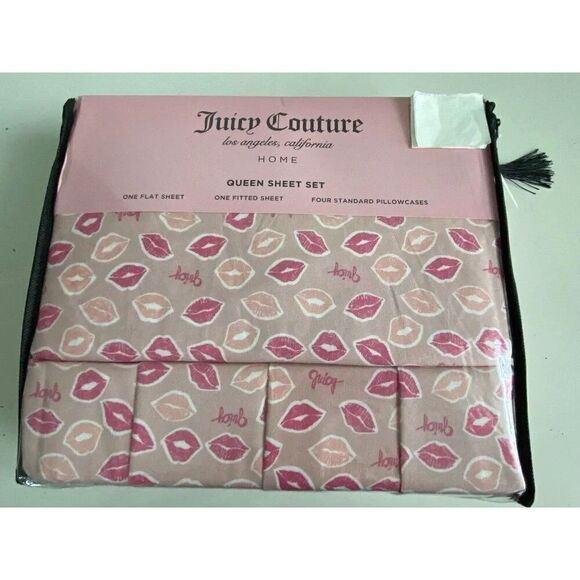 6 Pieces Juicy Couture Pink Lipstick Kisses QUEEN Size Sheet Set Soft NEW - Picture 1 of 12